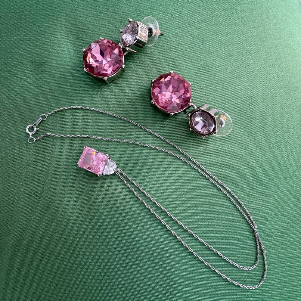 Elegant Pink Gemstone Sterling Silver Necklace With Earrings